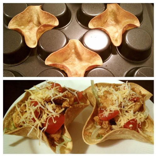 Muffin Tin Tortilla Cups via lilblueboo.com