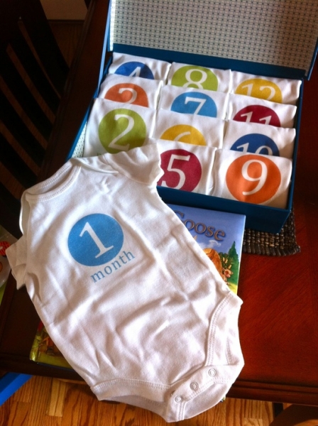 DIY Baby Gift Ideas: Monthly Onesies by Britt and her Boys via lilblueboo.com