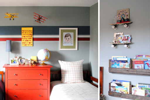 Skateboard bookshelves and and other boy's bedroom decor ideas via lilblueboo.com 