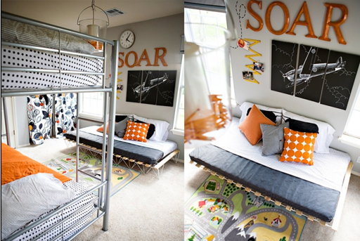 Orange airplane theme and other boy's bedroom decor ideas via lilblueboo.com 