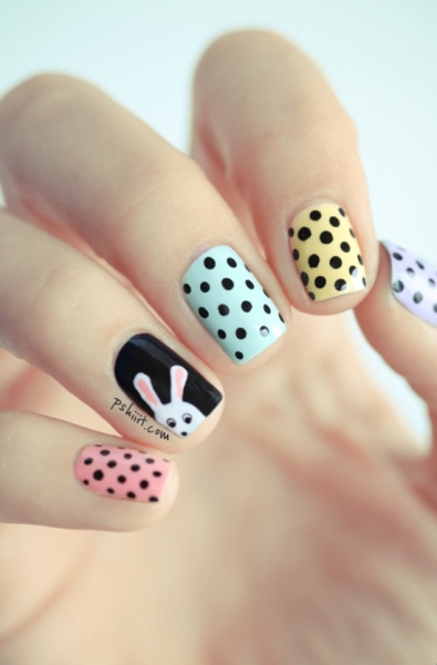 Spring Nail Art Ideas: Bunny and Polka Dots by Pshiiit via lilblueboo.com