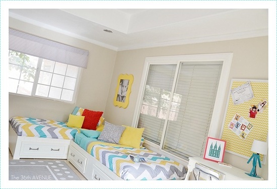 Shared Bedroom Ideas for Kids: Corner beds at The 36th Avenue via lilblueboo.com