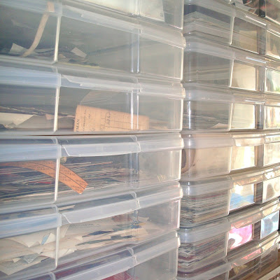 Studio Envy Flat bins of vintage papers, tickets, letters, scrapbook paper via lilblueboo.com
