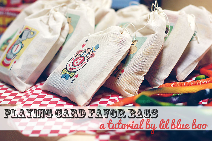 Circus playing card muslin party favor bag tutorial via lilblueboo.com