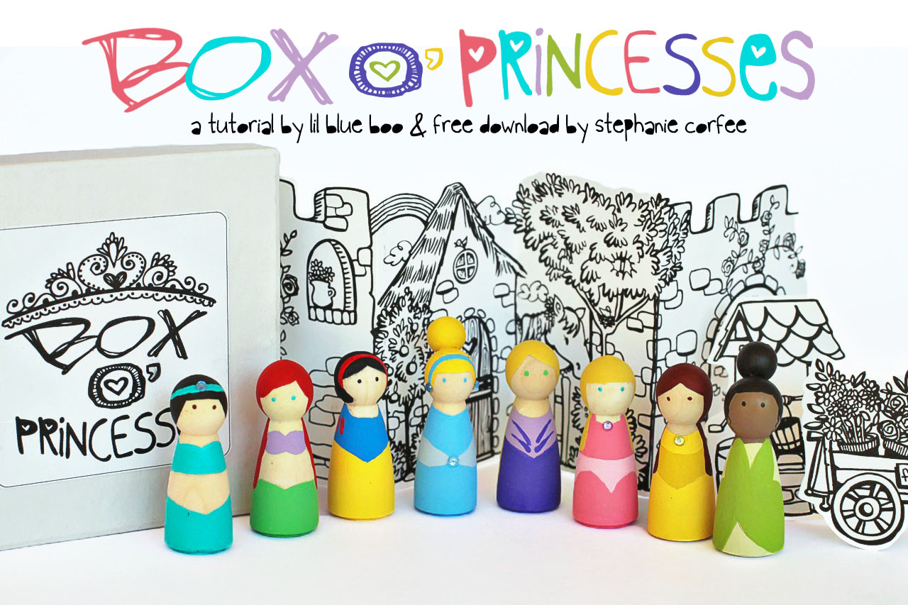 Box o princesses DIY princess peg dolls with free download via lilblueboo.com 