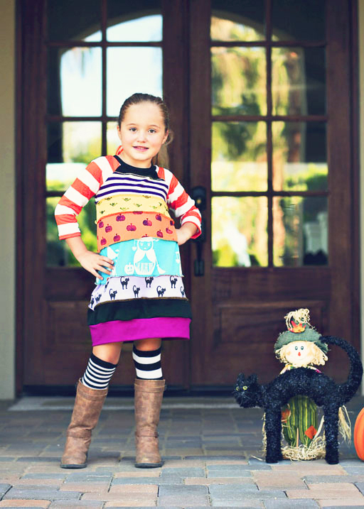 Upcycled and hand stamped Halloween pieced t-shirt bubble dress via liblueboo.com