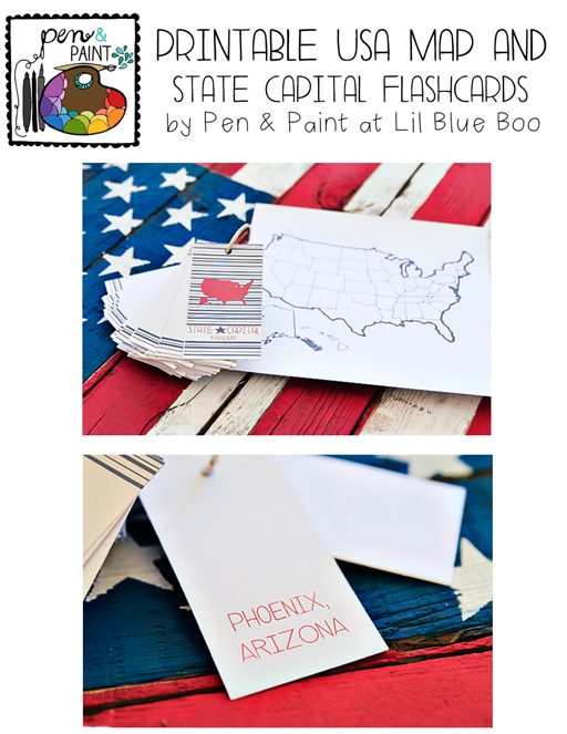 Printable USA Map and State Capital Flashcards via lilblueboo.com #teaching #states #learning #teachers