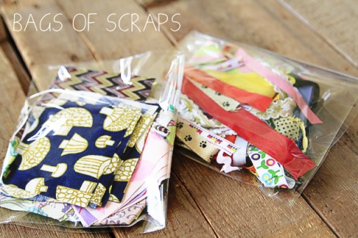 What to put in art box: fabric scraps and ribbon scraps via lilblueboo.com