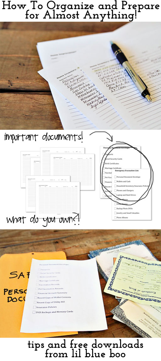 How to Prepare For Almost Anything including Disasters (with Free Downloads: household inventory, emergency checklist, financial summary, etc) via lilblueboo.com #organization #household)