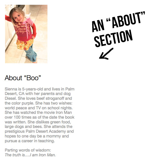 Add an about section to photo book via lilblueboo.com