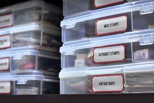 How to store stamps and art supplies (with free vintage label printable)  via lilblueboo.com