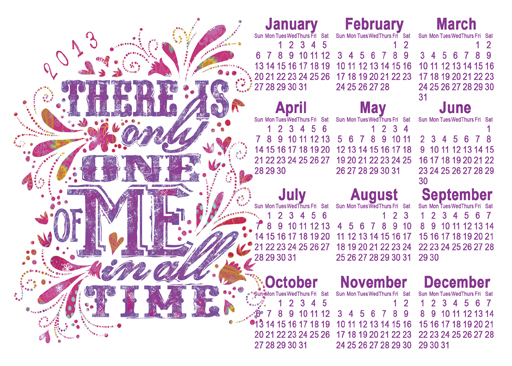 2013 Only One of Me Free Year at a Glance Printable Calendar via lilblueboo.com