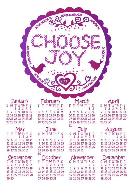 2013 Choose Joy Free Year at a Glance Printable Calendar via lilblueboo.com