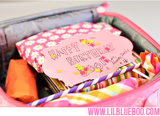 Party in {lunch} Box: Gift-Wrapped Birthday Lunch with Confetti, Party Straw etc via lilblueboo.com