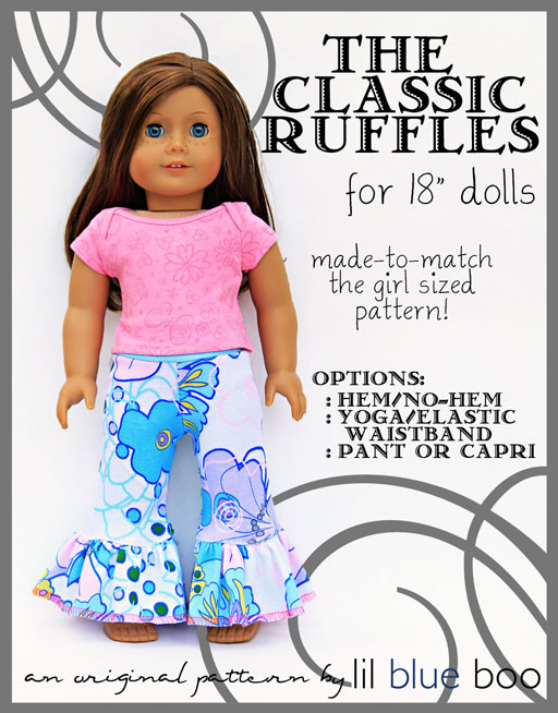 American Girl Style 18 inch Doll Ruffle Pant PDF Sewing Pattern (12M to 12 Year Girl size available too) by lilblueboo.com  #diy #tutorial #americangirl