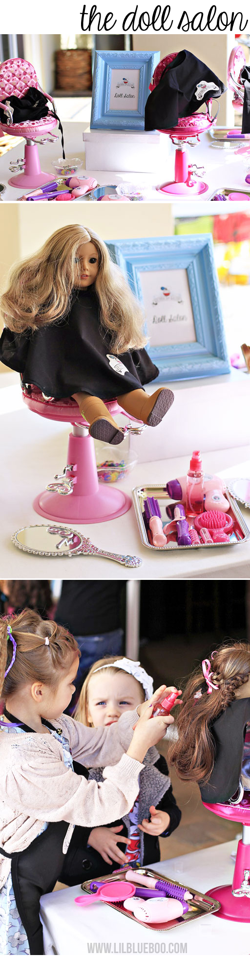 American Girl Sized Salon Party Station via lilblueboo.com #americangirl #party #diy