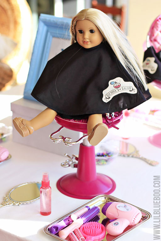 Handmade doll salon cape: Lil Blue Boo's Top 10 DIY Party Tips and Behind the Scenes via lilblueboo.com
