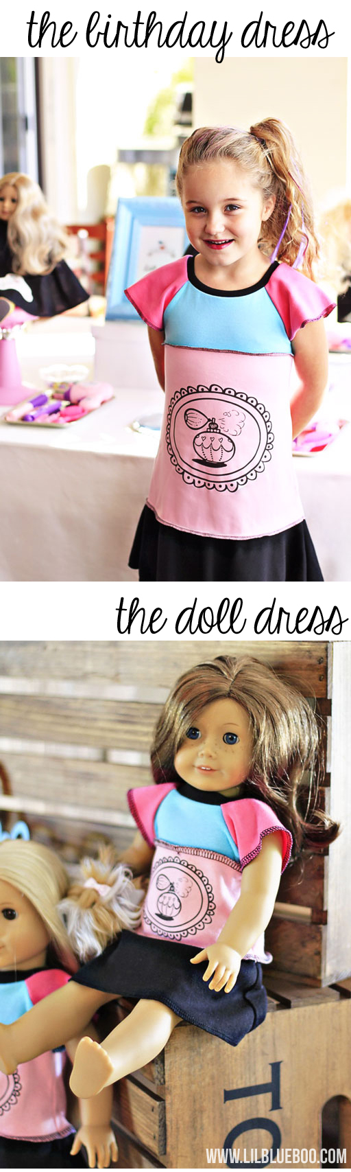 Birthday Dress with Matching American Girl Doll Dress for Salon Party via lilblueboo.com #americangirl #party #diy