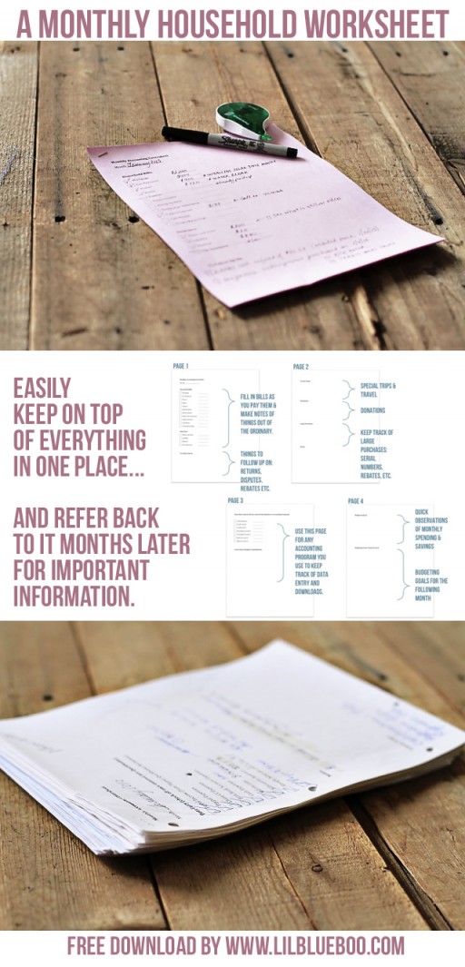 A monthly Household Organization Worksheet for Finances etc. via lilblueboo.com