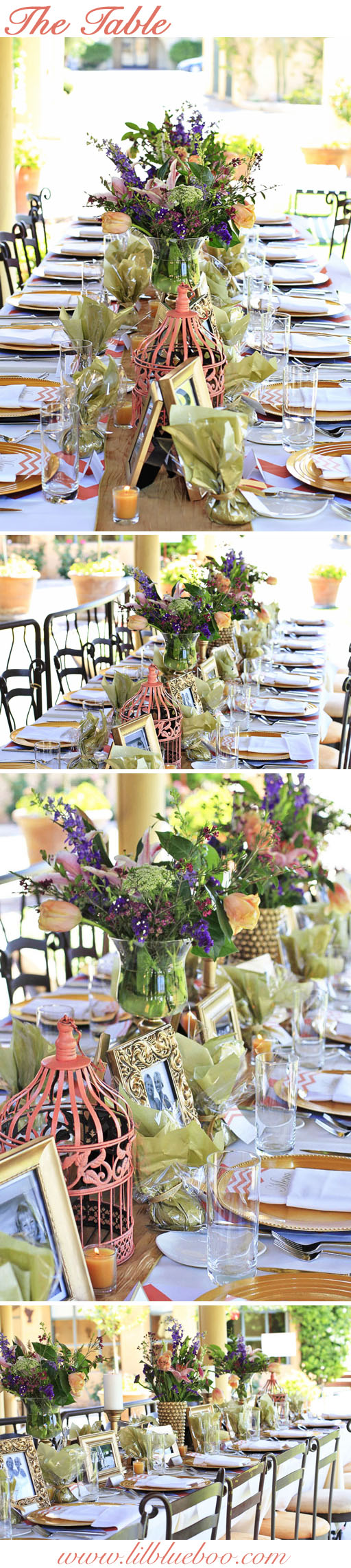 Party Table Decor in Coral & Gold via lilblueboo.com #diy #party #decor #chevron #coral
