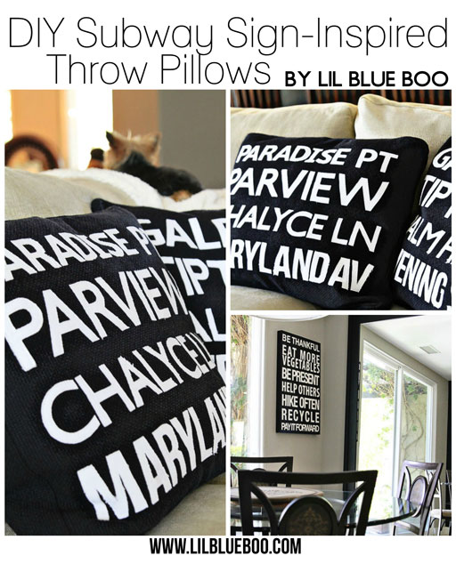 Subway Art Pillows: DIY Subway Sign inspired pillows via lilblueboo.com