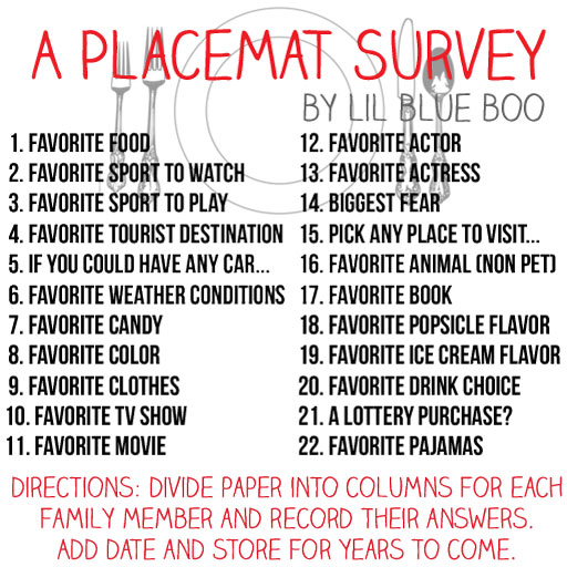 A Placemat Survey via lilblueboo.com (fun family activity for restaurants)