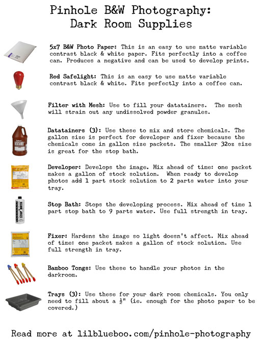 Printable Basic Dark Room Supply List (Pinhole Camera Series) via lilblueboo.com  #pinhole #pinholephotography #photography #exposure #darkroom