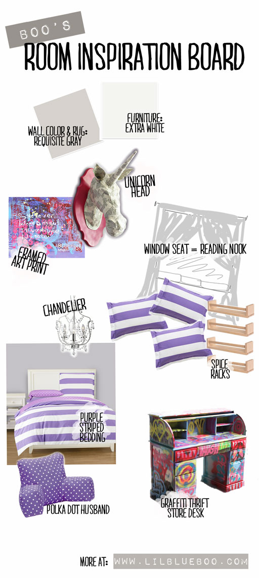 Boo's Extreme Room Makeover: Girl Room Ideas on a budget (Boo's purple stripe inspired room with DIY ideas) via lilblueboo.com 