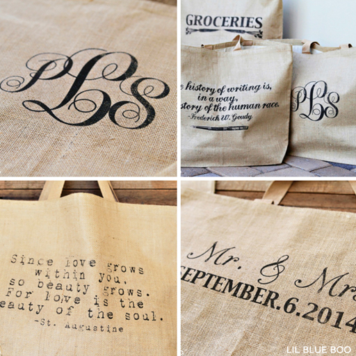 Add a quote, monogram, wedding date and more to a burlap bag via Ashley Hackshaw / lilblueboo.com