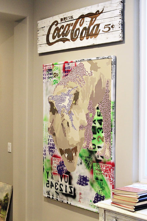 Art made for the office: Pop Art Dinosaur and vintage-inspired Coca-Cola sign via Ashley HAckshaw / Lil Blue Boo