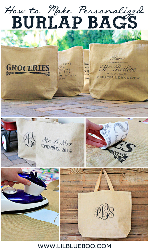 Gift Idea for Bridesmaids, Wedding Party, Graduation Etc: How to Make Personalized Burlap Bags via Ashley Hackshaw / lilblueboo.com #burlap #diy #tutorial #wedding #rustic #diywedding