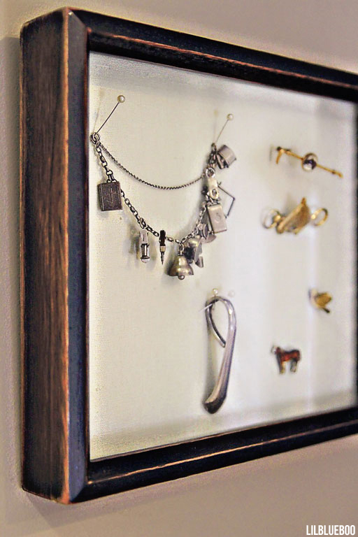 Bathroom decor ideas, how to display jewelry in a shadowbox - via lilblueboo.com #shadowbox #jewelry 