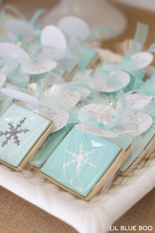 Snowflake Cookies in Turquoise, White, Blue and Grey for a Frozen Winter Birthday Party via Ashley Hackshaw / lilblueboo.com #frozen