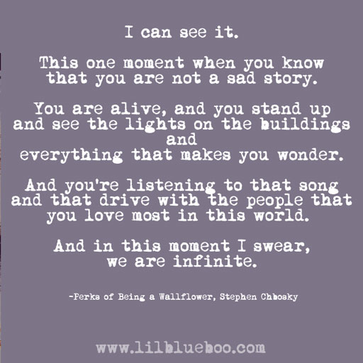 Closing a huge chapter in my life.  This quote is exactly how I feel.  Quote from Perks of Being a Wallflower by Stephen Chbosky via Ashley Hackshaw / Lil Blue Boo  (click through to read more....) 