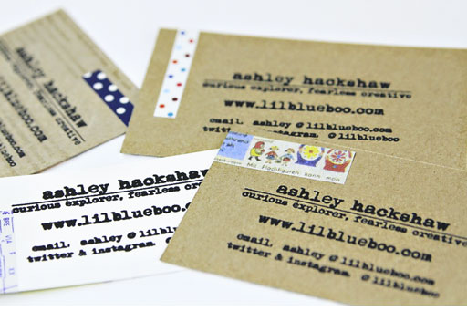 My recycled business cards with decorative tape to add interest via Ashley Hackshaw / Lil Blue Boo #businesscards #recycled #diy 