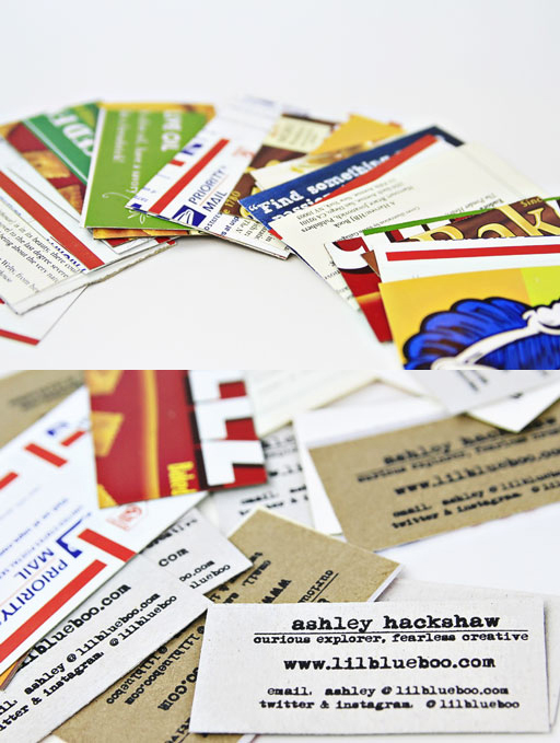 A variety of my recycled business cards via Ashley Hackshaw / Lil Blue Boo #businesscards #recycled #diy 