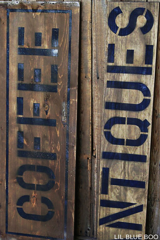 Aging Wood with Vinegar and Steel Wool: I used solution from the bottom of the jar where the rust sludge had settled.  It produces a darker-reddish finish vs. the sign on the right with the lighter tone.  