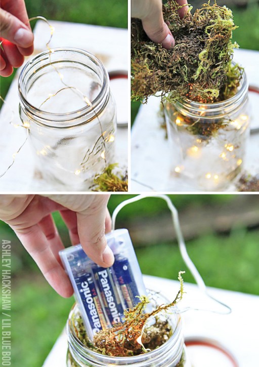 diy mason jar lanterns using LED string lights #diy #masonjar #wedding 