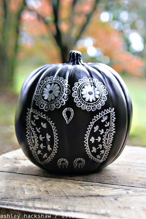 Decorating a chalkboard paint pumpkin with sharpie