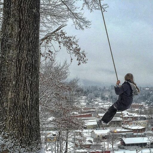 Swinging over downtown Bryson City, NC - original tree swing 