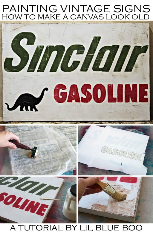 How to make Canvas look old and distressed - painting vintage sign on canvas and how to transfer lettering 