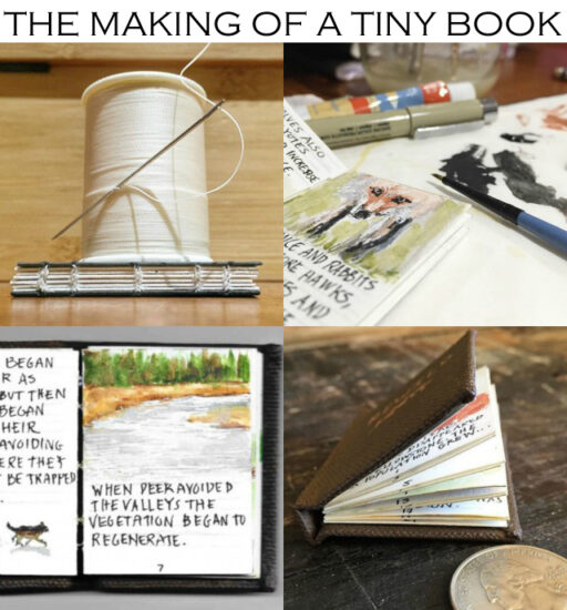 The making of a tiny miniature book with tiny miniature paintings. 2.5" tall by 1.5" wide. For the Tiny Book Show. 