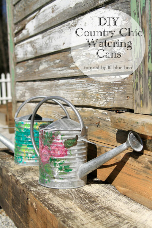 DIY Hand painted Decorative Country Shabby Chic Watering Cans - using stock galvanized metal watering cans from Michaels #michaelsmakers #galvanized #gardening #springdecor #springtabledecor 