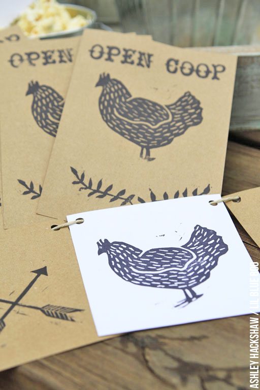 Eco-Friendly Party Decor - Rustic party decor ideas that are also eco-friendly - My chicken themed party using hand stamped kraft paper decor. Wedding and summery party decor ideas.