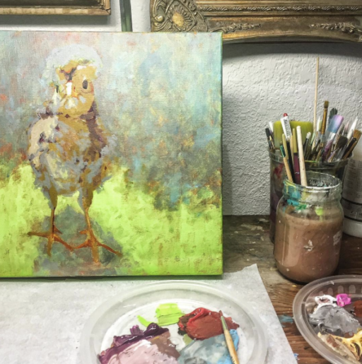 Chicken Painting Progress - White Polish Crested Chick
