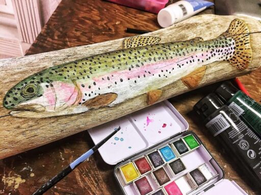 Trout Painting and Fly Fishing Painting on Driftwood