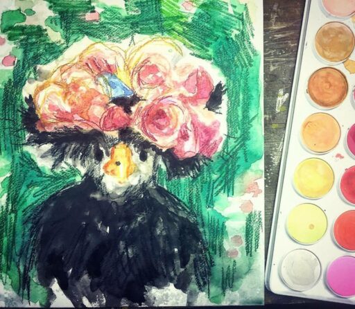 Fo as Frida Kahlo - Watercolor chicken and floral with colored pencil - #2017paintingaday - Painting by Ashley Hackshaw / Lil Blue Boo