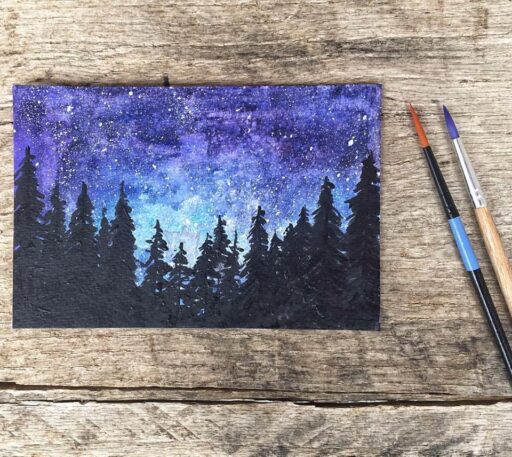 Daily Paintings for 2017 - Galaxy Watercolor with trees - Smoky Mountains #2017paintingaday - Ashley Hackshaw / @lilblueboo