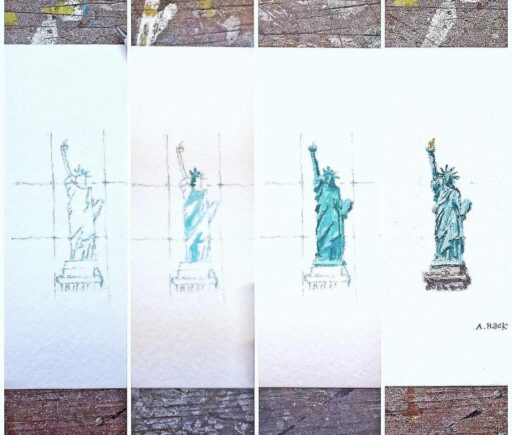 Daily Painting - Tiny Statue of Liberty - Watercolor - Tiny Miniature Painting 