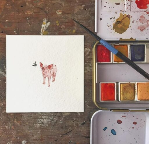 Daily Painting - Tiny Pig and Dragonfly Painting - Watercolor - Tiny Miniature Painting 
